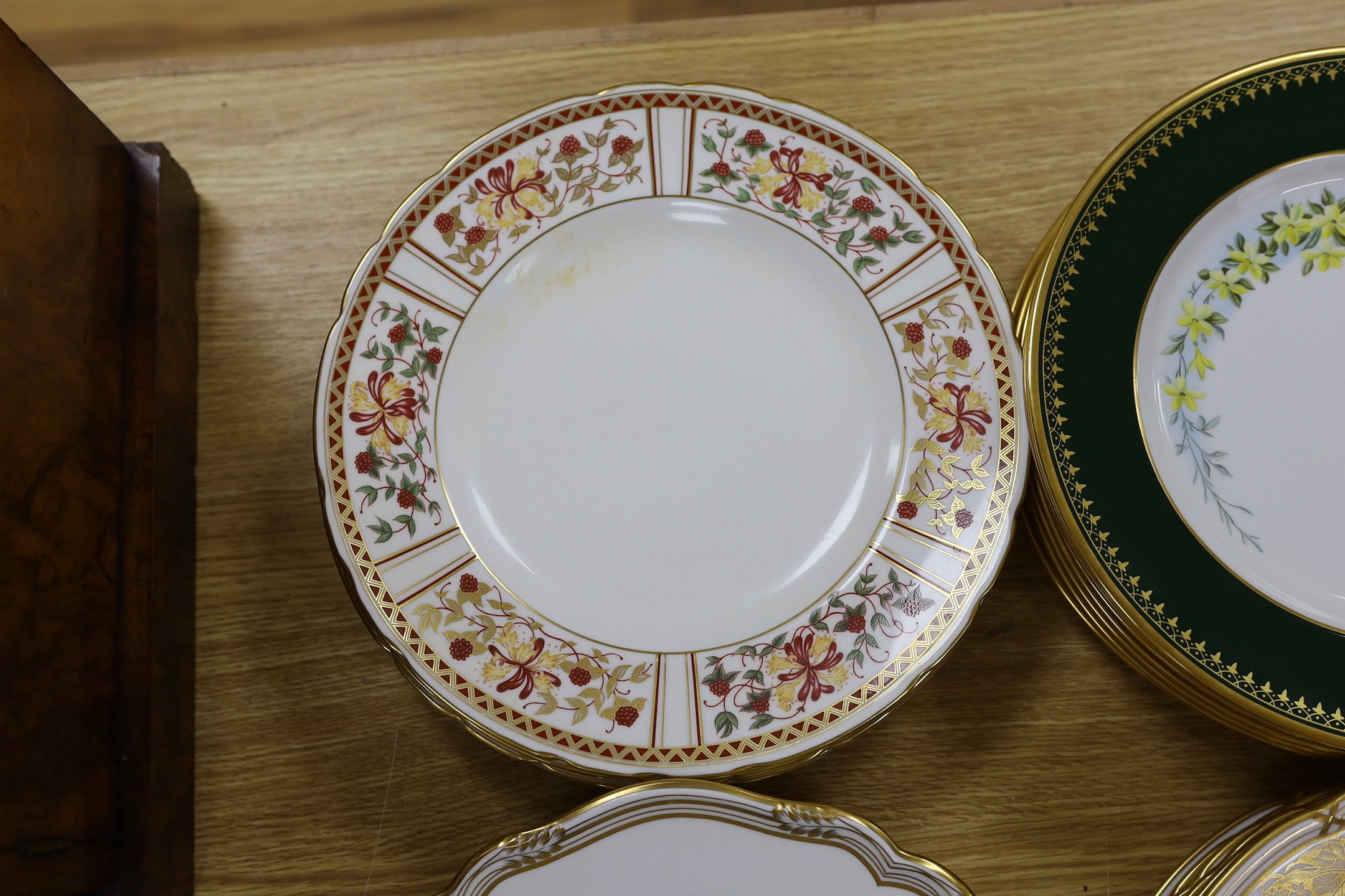 Six Spode fruit dishes, six floral Spode dishes, six Royal Crown Derby 